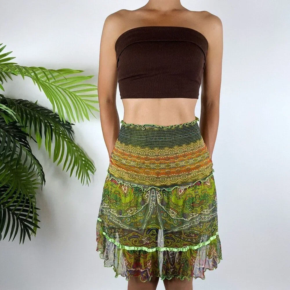 Vintage Y2K Green Fairy Grunge Hippie Bohemian Paisley Mesh Mini Skirt / Size: S - Picture 4 of 4